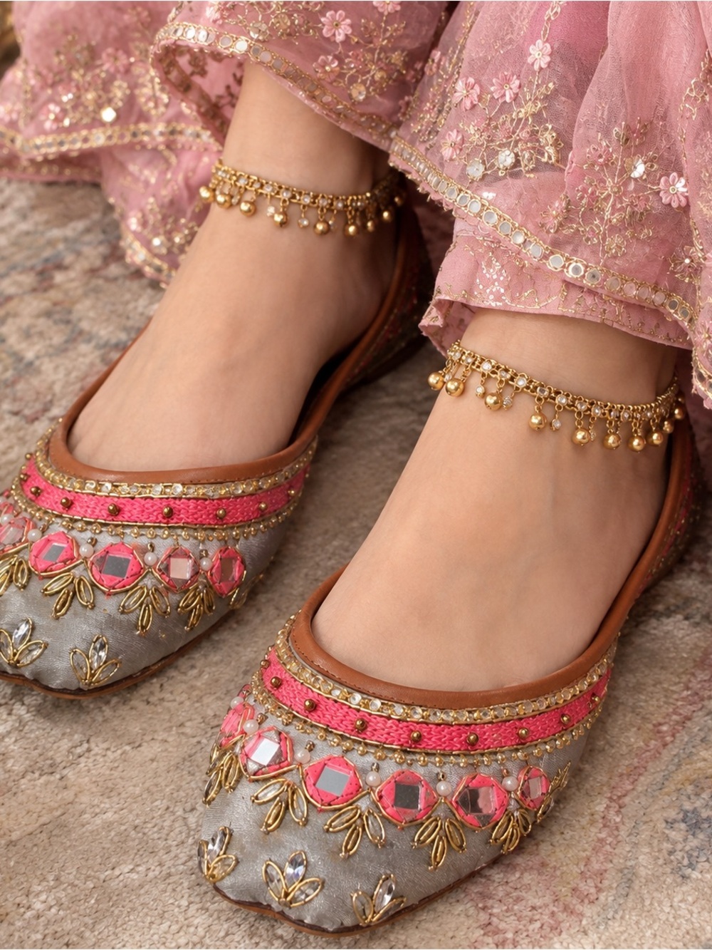 Pink & Silver Embellished Women's Jutti Flats
